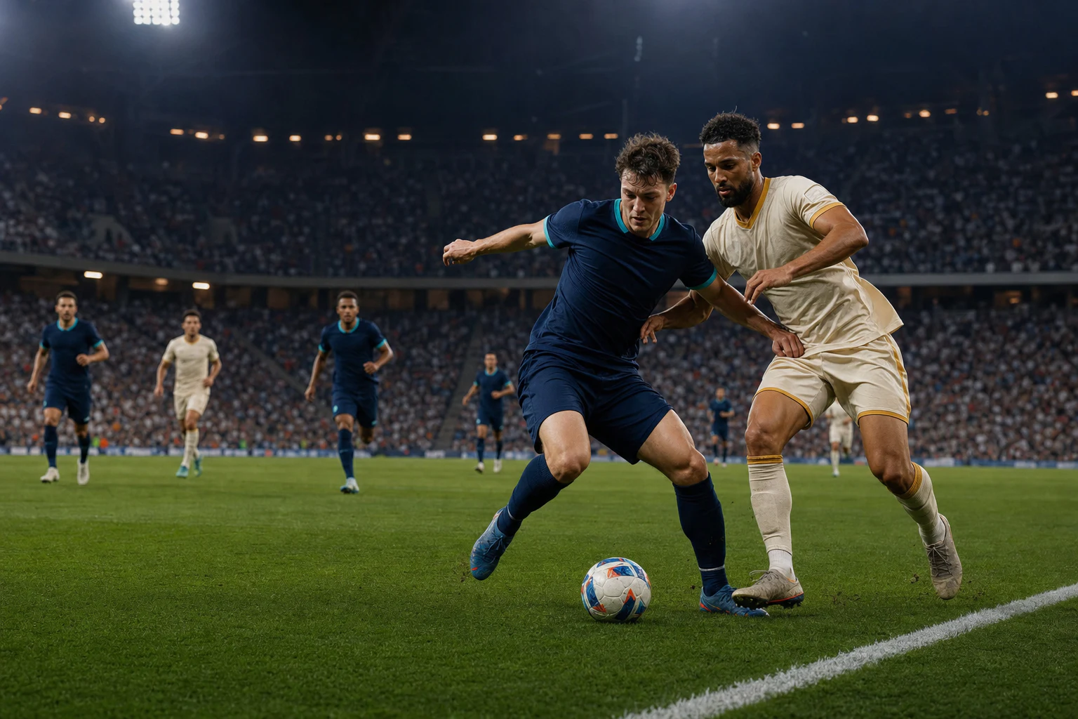 Photorealistic illustration of two footballers contesting the ball during a night match under stadium floodlights.